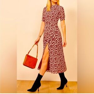 Reformation Gio Ditsy Floral Midi Dress Front Slit & Button Details Size 8